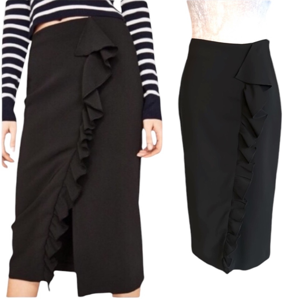 ZARA Black Ruffle Stretch Midi Pencil Skirt - S